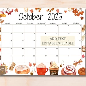 EDITABLE October 2025 Calendar, Fillable Printable Monthly Planner for October 2025, Fall Calendar, Family Wall Calendar, Kids Schedule,