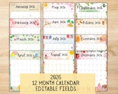 EDITABLE 2026 Calendar, 2026 Monthly Calendar Bundle, Printable Vertical Calendar, Portrait Calendar, Wall Calendar for Home, Work & School
