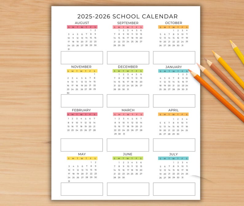 Editable School Year Calendar 20252026 for Preschool, Kindergarten
