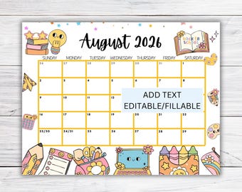 EDITABLE August 2026 Calendar, Cute Back to School, Printable Calendar, Kids Schedule, Kids School Calendar, Cute Classroom Calendar PDF