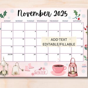 EDITABLE November 2025 Calendar, Printable Wall Calendar 2025, Cute Calendar for November, Monthly Classroom Calendar Cute Calendar Download