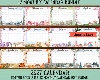 May include: A 12-month 2027 calendar bundle featuring monthly pages with seasonal watercolor illustrations. Each page includes a grid for days of the week with a Monday start. The text 12 MONTHLY CALENDAR BUNDLE and 2027 CALENDAR are visible.