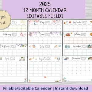 EDITABLE Calendar 2025 Bundle, Printable Watercolor Calendar for Kids, Home, Work, Monthly Planner, Classroom Calendar, PDF Instant Download