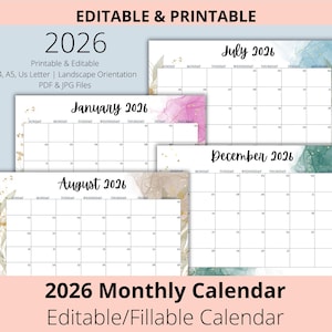 EDITABLE 2026 Calendar Printable Fillable 2026 Monthly Calendar Bundle, Classic  2026 Glitter Calendar, Elegant Calendar, Luxury Calendar A4