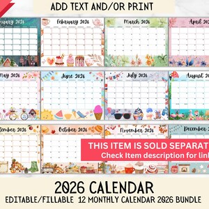 Puede incluir: Un paquete de calendarios de 2026 con 12 calendarios mensuales, cada uno con un borde decorativo &uacute;nico. Los calendarios son editables y rellenables, con el texto "ADD TEXT AND/OR PRINT" en la parte superior. El texto "2026 CALENDAR EDITABLE/FILLABLE 12 MONTHLY CALENDAR 2026 BUNDLE" est&aacute; en la parte inferior.