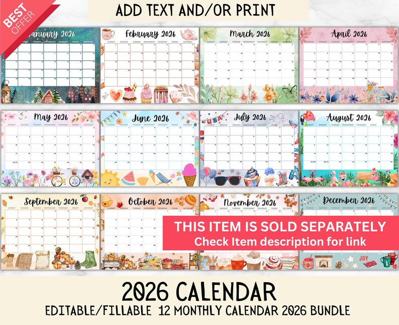 Puede incluir: Un paquete de calendarios de 2026 con 12 calendarios mensuales, cada uno con un borde decorativo &uacute;nico. Los calendarios son editables y rellenables, con el texto "ADD TEXT AND/OR PRINT" en la parte superior. El texto "2026 CALENDAR EDITABLE/FILLABLE 12 MONTHLY CALENDAR 2026 BUNDLE" est&aacute; en la parte inferior.