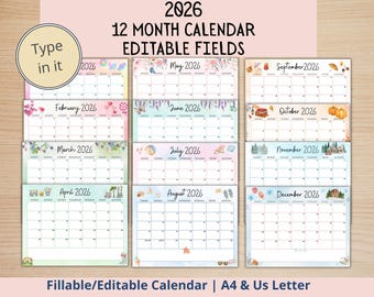 2026 BEWERKBARE afdrukbare aquarelkalender, afdrukbare invulbare maandkalender A4 8,5 x 11 kantoorkalender 12 maandenkalender kinderkalender