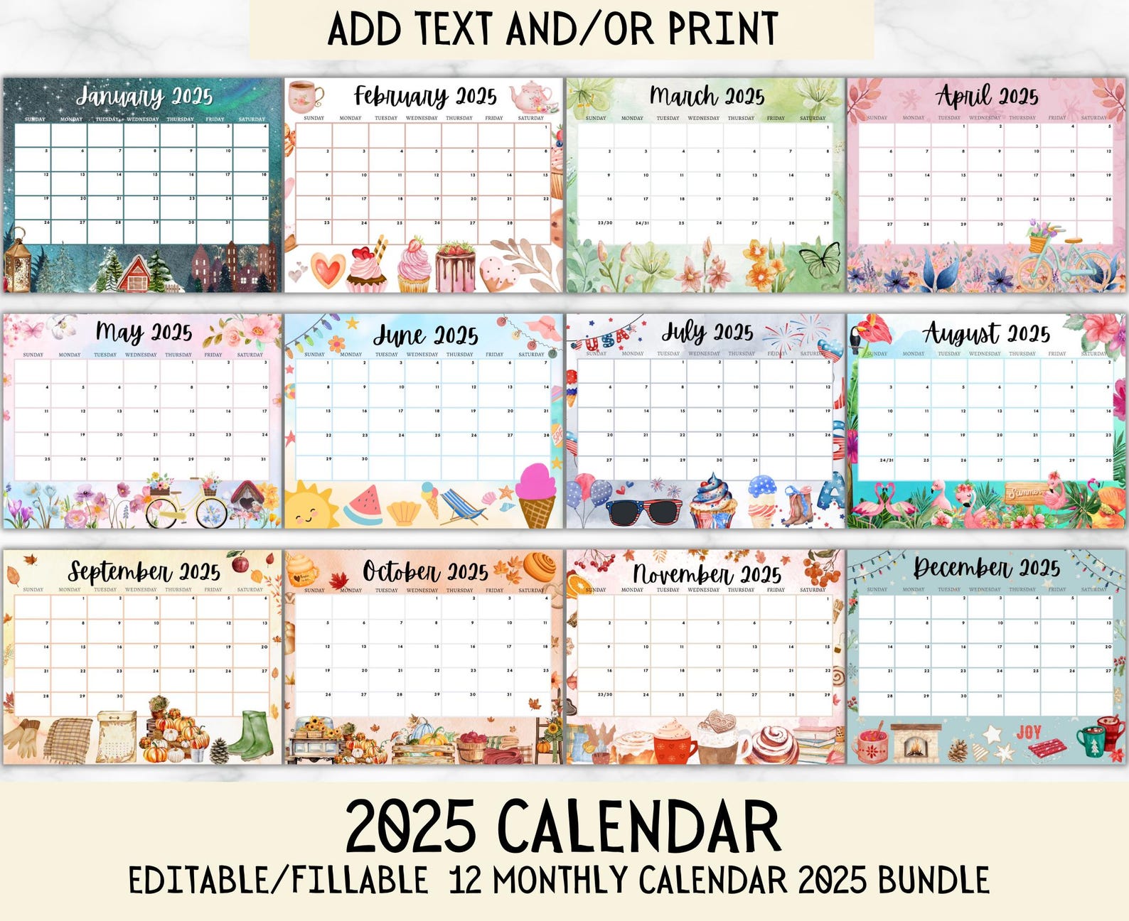 EDITABLE Monthly Calendar 2025 Bundle, Printable Fillable Monthly