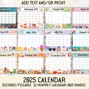 EDITABLE Monthly Calendar 2025 Bundle, Printable Fillable Monthly Calendar 2025, Digital 2025 Calendar Planner, 2025 Schedule, Wall Calendar