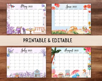 編集可能な2025年月間カレンダーセット、かわいい印刷可能な記入可能な