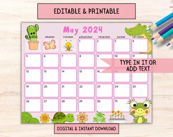 EDITABLE May 2024 Calendar, Printable Fillable Monthly Calendar W/ Animals,  Cute Kawaii Calendar, Kids Calendar, Classroom Calendar Schedule - Etsy