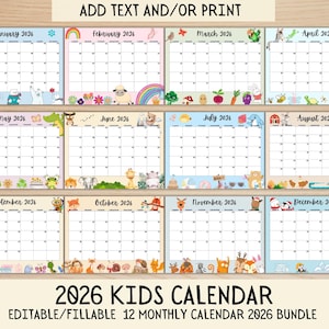 EDITABLE Monthly Calendar 2026 Bundle Pack, Whole Year 2026 Calendar for Kids Cute Animals Printable Monthly Calendar Classroom Calendar Set