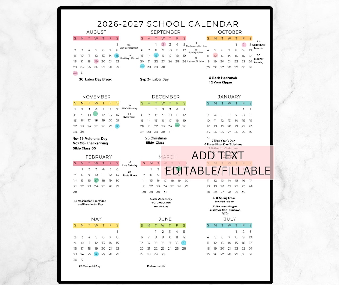 Editable School Year Calendar 2026-2027 School Calendar ...