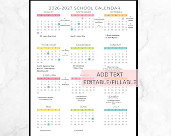 Editable School Year Calendar 2026-2027 School Calendar, Printable 2026 2027 Academic Year At-A-Glance Calendar, Digital Download, Preschool