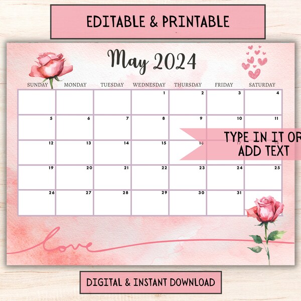 EDITABLE May 2024 Calendar, Cute Monthly Calendar for Home Work Office Kids Classroom Calendar Monthly Calendar Kids Schedule Kids Planner