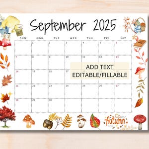 EDITABLE September 2025 Calendar, Cute Autumn Calendar 2025, Cute Fall Calendar for September Fillable, Monthly Classroom Calendar, Download