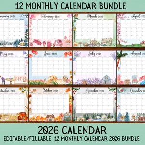 EDITABLE Monthly Calendar 2026 Bundle, Cute Printable Fillable Monthly Calendar 2026, PDF Calendar, Printable, Digital Download