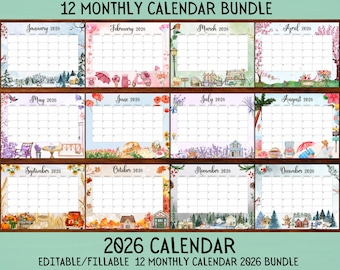 EDITABLE Monthly Calendar 2026 Bundle, Cute Printable Fillable Monthly Calendar 2026, PDF Calendar, Printable, Digital Download