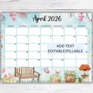 REDIGERBAR april 2026-kalender, utskrivbar ifyllbar aprilkalender med vårtema, vacker skrivbordsväggkalender, direktnedladdning