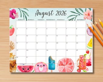 EDITABLE August 2026 Calendar, Cute Summer 2026 Planner PDF, Cute Printable Editable Calendar Planner for Kids Home Work, Instant Download