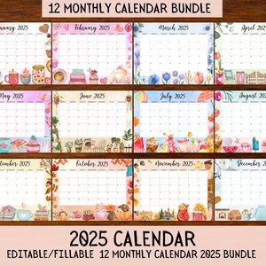2025 EDITABLE Printable Watercolor Calendar, Printable Fillable Monthly Calendar, 12 month calendar Digital Planner, Teacher School Calendar