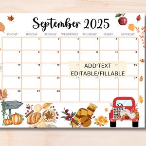 EDITIERBARER September 2025 Kalender, druckbarer Herbstkalender, Monatskalender für Herbst, Sept 2025 Planer, Wandkalender, Schulkalender