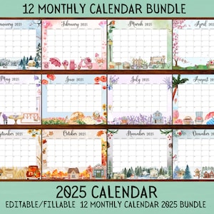 EDITABLE Monthly Calendar 2025 Bundle, Cute Printable Fillable Monthly Calendar 2025, PDF Calendar, Printable, Digital Download