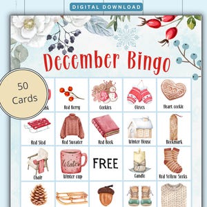 AFDRUKBAAR decemberbingospel met 50 unieke bingokaarten, bingospel, familie, werk, tieners, volwassenen, klasspellen, familieactiviteiten voor kinderen