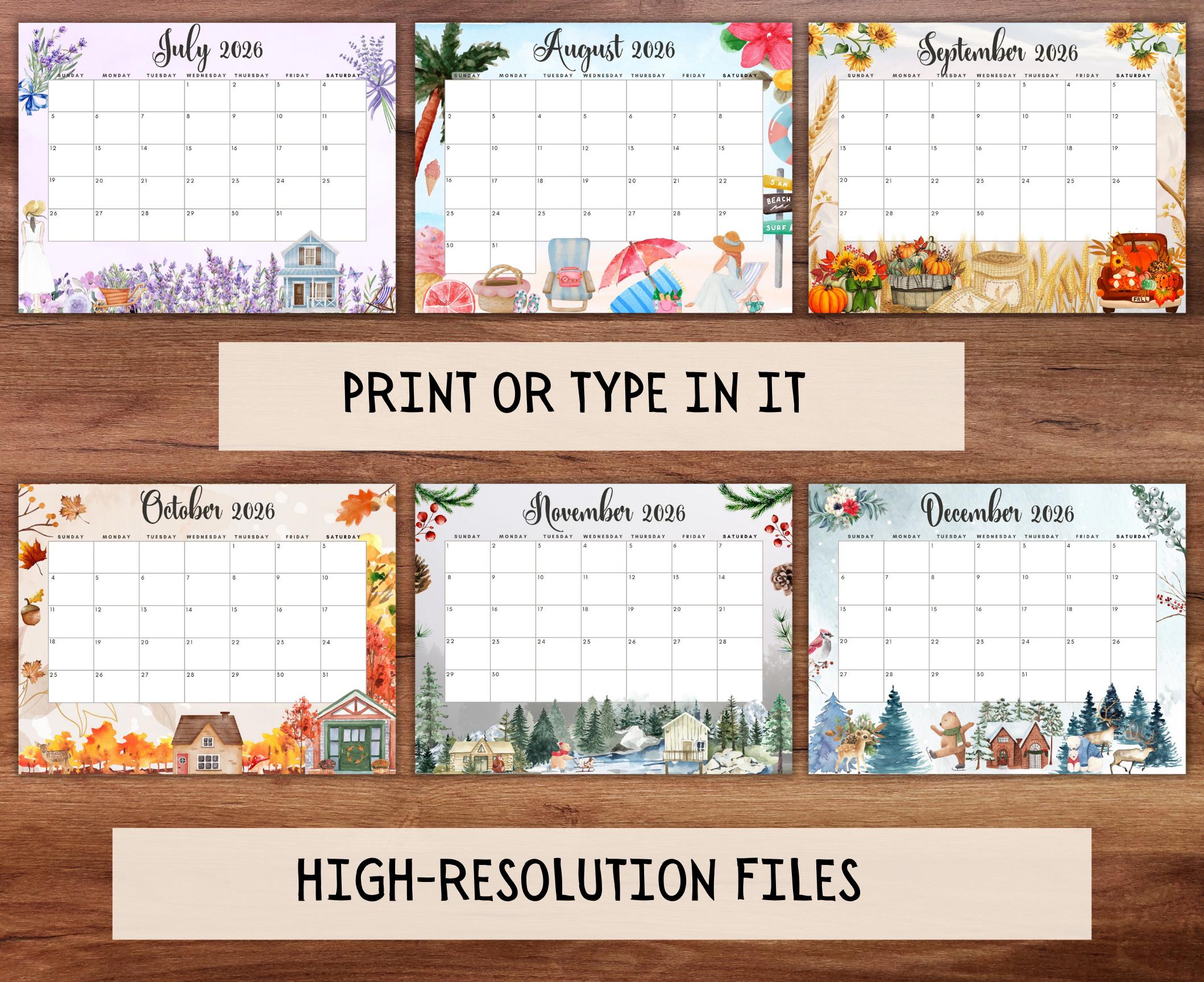 EDITABLE Monthly Calendar 2026 Bundle, Cute Printable Fillable Monthly ...
