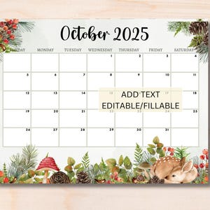 EDITABLE October 2025 Calendar Forest Scene Nature Printable Wall Calendar 2025, Cute October Calendar Fillable Calendar, Family Calendar