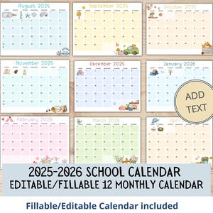 EDITABLE 2025- 2026 School Calendar Printable 2025 2026 Academic Calendar Monthly Calendar Bundle Fillable 2025 2026 Planner for School Work