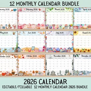 May include: A 2026 calendar bundle with 12 monthly layouts, each with a unique decorative theme. The calendar pages have grids for daily entries, surrounded by colourful borders and illustrations. The text "12 MONTHLY CALENDAR BUNDLE" and "2026 CALENDAR" are visible.