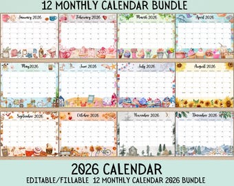 May include: A 12-month calendar bundle for 2026, featuring a variety of decorative themes for each month. Each month's layout includes a grid for daily entries, with colorful borders and illustrations. The text "12 MONTHLY CALENDAR BUNDLE" and "2026 CALENDAR" are displayed.