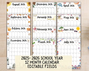 Editable School Year Calendar 2025-2026 Printable 2025- 2026 Calendar Bundle, Monthly Calendar , Academic Calendar, Yearly School Calendar