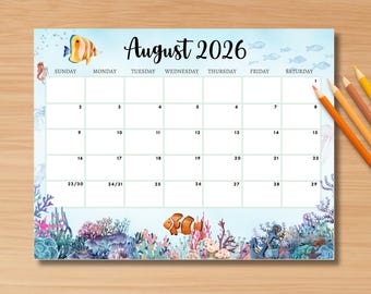 EDITABLE August 2026 Calendar, Cute Summer Calendar with Ocean, Printable Monthly Calendar Classroom Kids School Schedule Instant Download