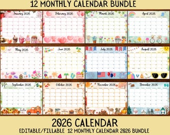 May include: A 12-month calendar bundle for 2026, featuring a variety of seasonal and themed designs. Each month has a unique border with illustrations, including hearts, flowers, and seasonal elements. The text "12 MONTHLY CALENDAR BUNDLE" and "2026 CALENDAR" are displayed.