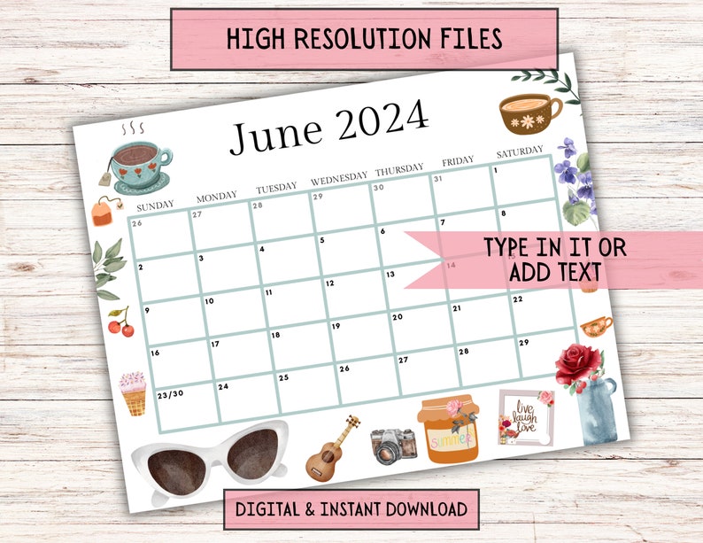 EDITABLE June 2024 Calendar, Printable Wall Calendar 2024, Cute ...