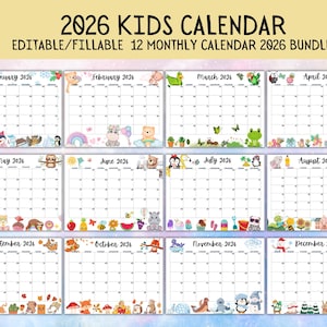 EDITABLE Monthly Calendar 2026 Bundle, Cute Whole Year 2026 Calendar for Kids, Classroom Calendar, School Calendar, Kids Calendar Bundle