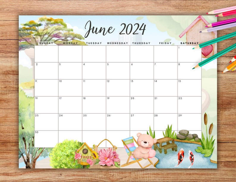EDITABLE June 2024 Calendar, Printable Kids Calendar 2024, Cute Calendar for June Fillable ...