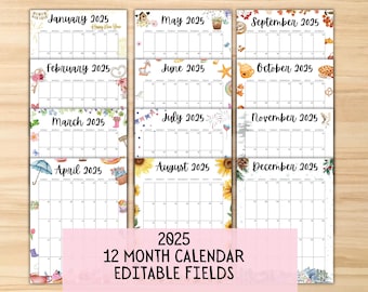 2025 BEWERKBARE afdrukbare wandkalender, afdrukbare invulbare maandkalender, A4, 8,5 x 11 staand 12 maandenkalender digitale planner