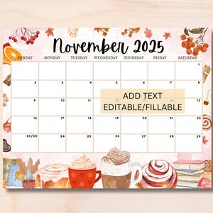 EDITABLE November 2025 Calendar, Printable Monthly Calendar for November, Fall Calendar, Classroom Calendar, 2025 Nov Calendar, Thanksgiving