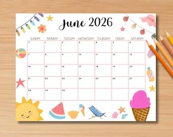 EDITABLE June 2026 Calendar, Printable Wall Calendar 2026, Cute Calendar for June Fillable, Monthly Classroom Calendar, Cute Family Calendar