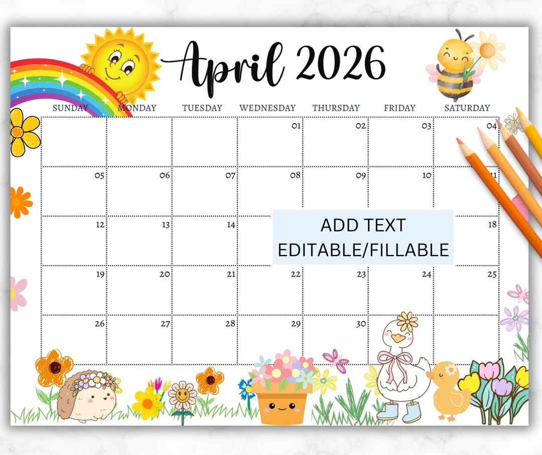EDITABLE April 2026 Calendar: Printable Wall Calendar 2026, Cute ...