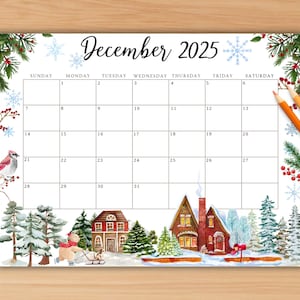 Editable December 2025 Calendar, Printable White Christmas Calendar w/ Winter Scene, Holiday Calendar, Cute School Calendar for Kids & Home