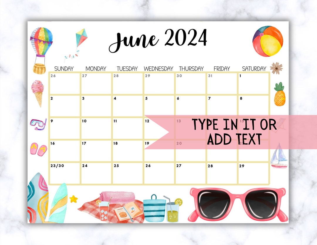 EDITABLE June 2024 Calendar, Printable Wall Calendar 2024, Cute ...