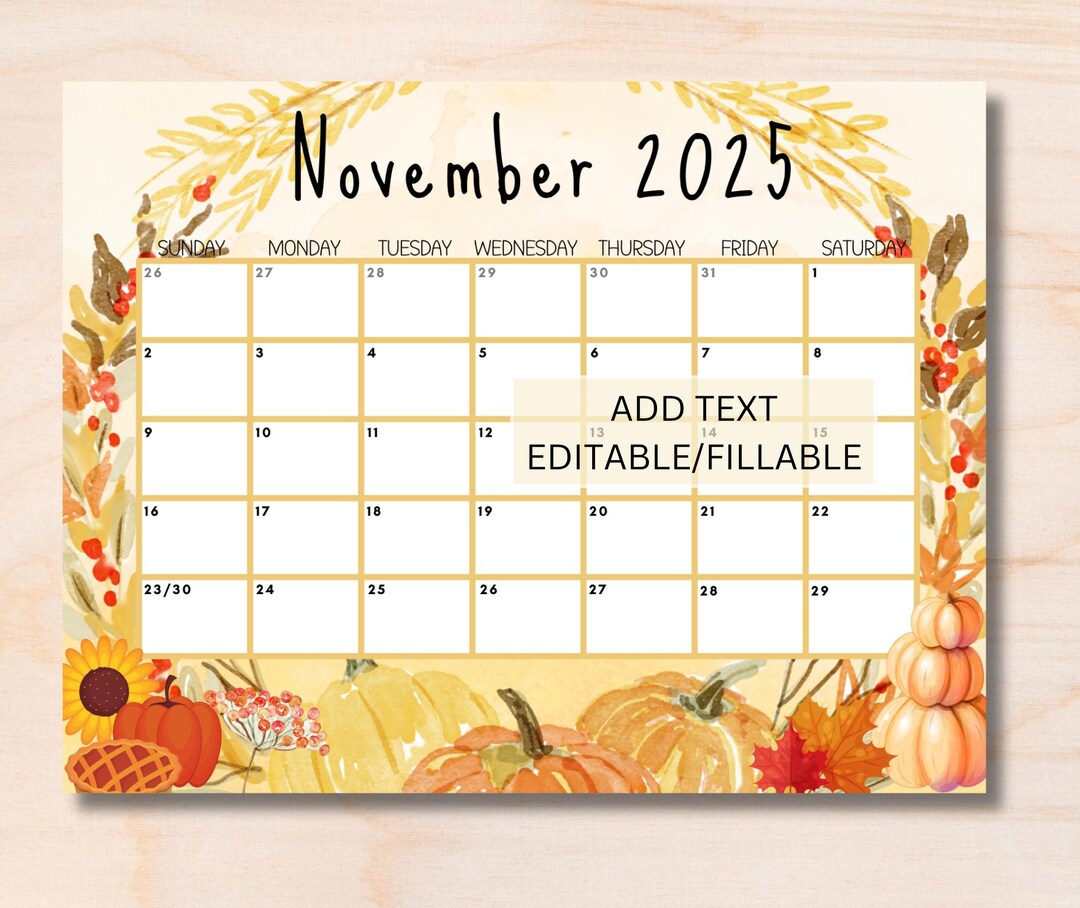 EDITABLE November 2025 Calendar, Printable Wall Calendar 2025, Cute ...