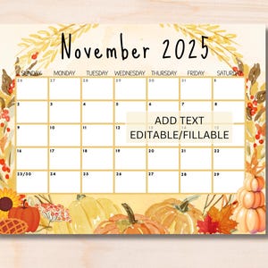 EDITABLE November 2025 Calendar, Printable Wall Calendar 2025, Cute Calendar for November Fillable, Monthly Classroom Calendar, PDF Download