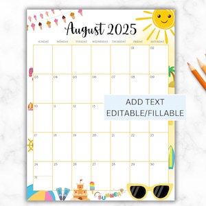 EDITABLE August 2025 Calendar,  Printable Monthly Calendar for August Summer Calendar Vertical Portrait Classroom Calendar, August Calendar