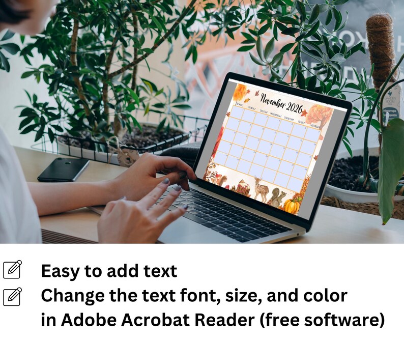 Puede incluir: Un port&aacute;til muestra un calendario de noviembre de 2026 con ilustraciones de tem&aacute;tica oto&ntilde;al. El calendario presenta un dise&ntilde;o de cuadr&iacute;cula con espacio para entradas diarias. La imagen incluye texto: "Easy to add text" y "Change the text font, size, and color in Adobe Acrobat Reader (free software)".