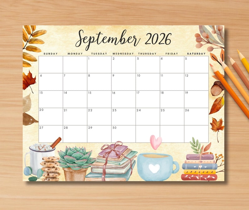 May include: A watercolor-style September 2026 calendar with a warm, autumnal theme. The calendar grid is set against a beige background with decorative elements like leaves, books, and mugs. Colored pencils are placed on the right side.